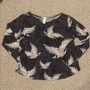 H&M Black Top with White and Cream Bird Pattern